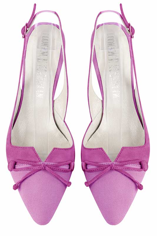 Mauve purple and shocking pink women's open back shoes, with a knot. Tapered toe. High slim heel. Top view - Florence KOOIJMAN